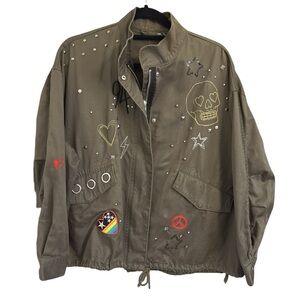 H&M Khaki Utility Jacket with Colorful Embroidered Patches Skull Rainbow Hearts